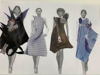 Fashion collage images on models, using denim and knitwear