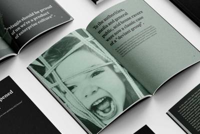Book spread, left page is a child's face behind ropes, screaming. Right hand page reads To the authorities, media and general public, acid house ravers were now a classic case of a "deviant group".
